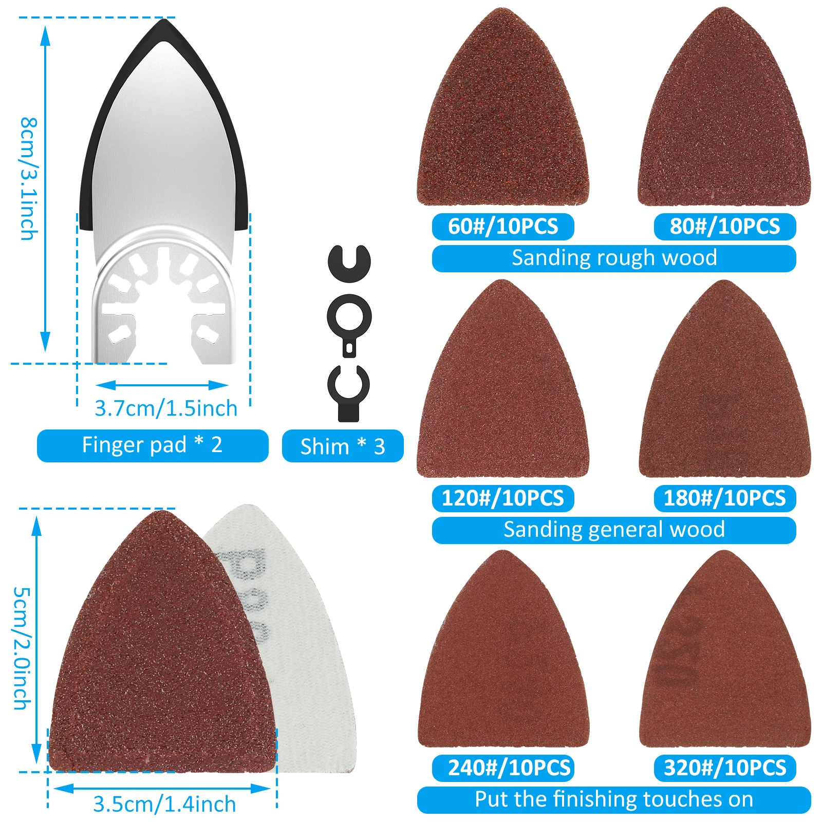 62Pcs Oscillating Multi Tool Triangular Hook Loop Sandpaper Oscillating Multi Tool Sanding Pad Multi 60/80/120/180/240/320 Grit