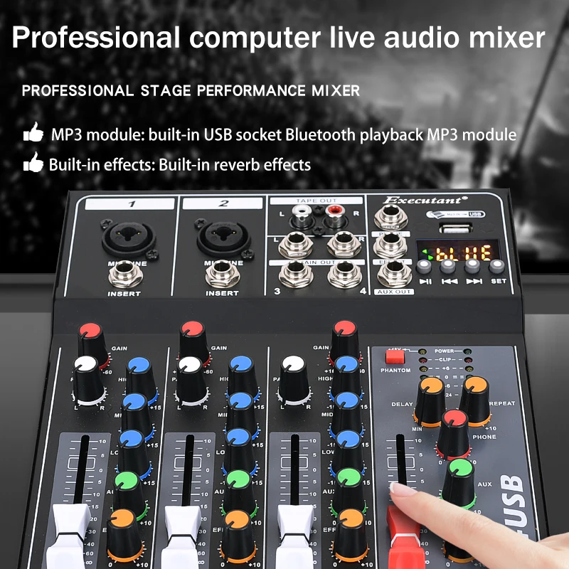 Mikser 4-kanałowy/7-kanałowy, z zasilaniem phantom 48V, USB, mikser studyjny Bluetooth, sprzęt DJ, profesjonalny mikser do transmisji na żywo
