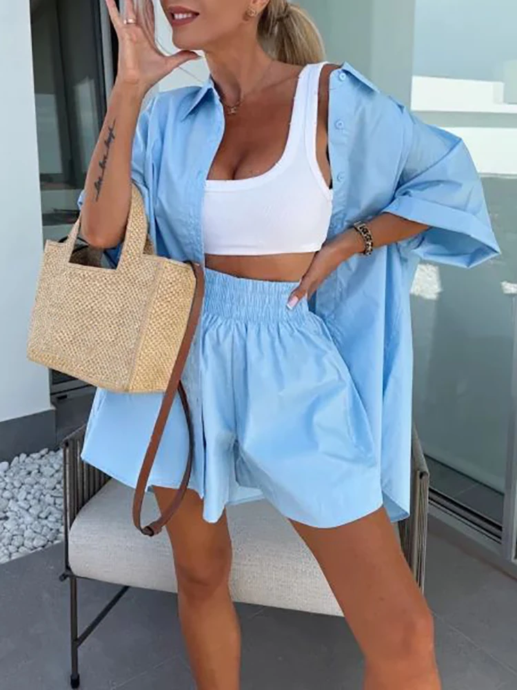 المرأة فضفاضة نصف كم الصلبة قطعتين مجموعة السراويل غير رسمية الشارع ارتداء الإناث مطابقة دعوى الصيف السراويل الزي سيدة أنيقة مجموعة