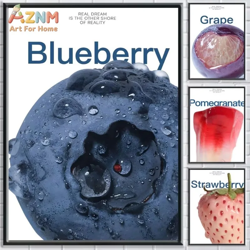 Modern Fruit Canvas Wall Art Realistic Blueberry Strawberry Grape Poster Unframed Canvas Painting for Kitchen Dining Room Home