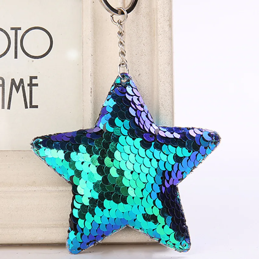 Cute Shiny Five Star Keychain Fashion Pompom Sequins Key Chain Keyrings for Women Car Bag Pendant Jewelry  Birthday Gift K2121