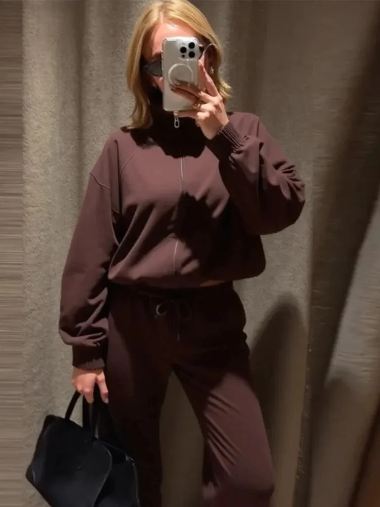 

Women's Vintage Sweatsuit Set 2025, Zipper Bomber Jacket with High Waist Loose Pants, Autumn Fashion Sportswear