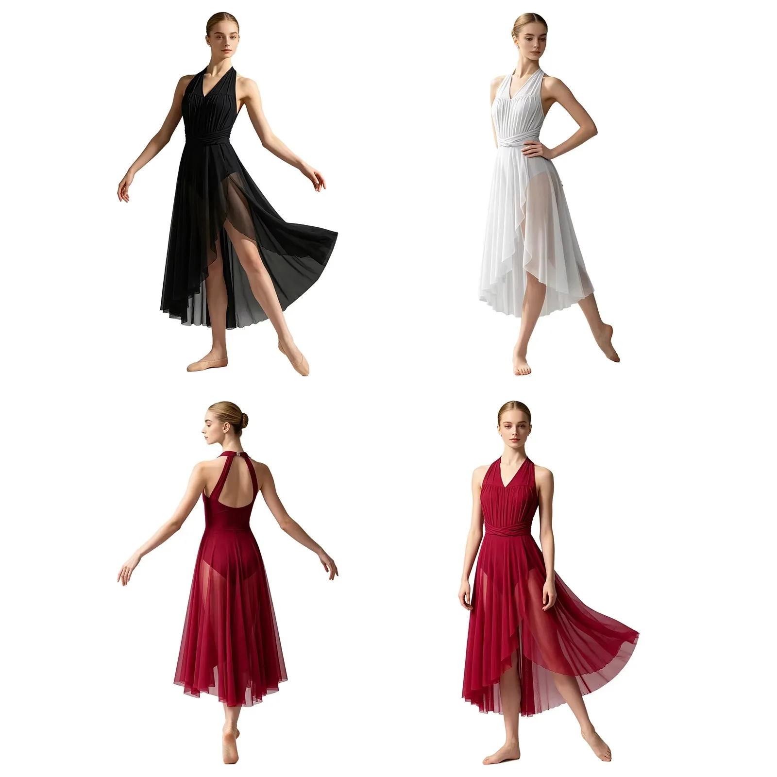 女性用モダンリリカルダンスドレス-ノースリーブ-ラッフル-シアーメッシュ-スリットヘム-スケート-体操-バレエ-アクロバット-レオタードドレス