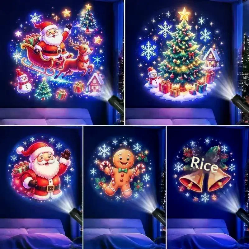 USB Christmas Projector Light 10pcs Patterns Adjustable Night Light Xmas Santa Snowman Church Nativity Projection Lamp Decor