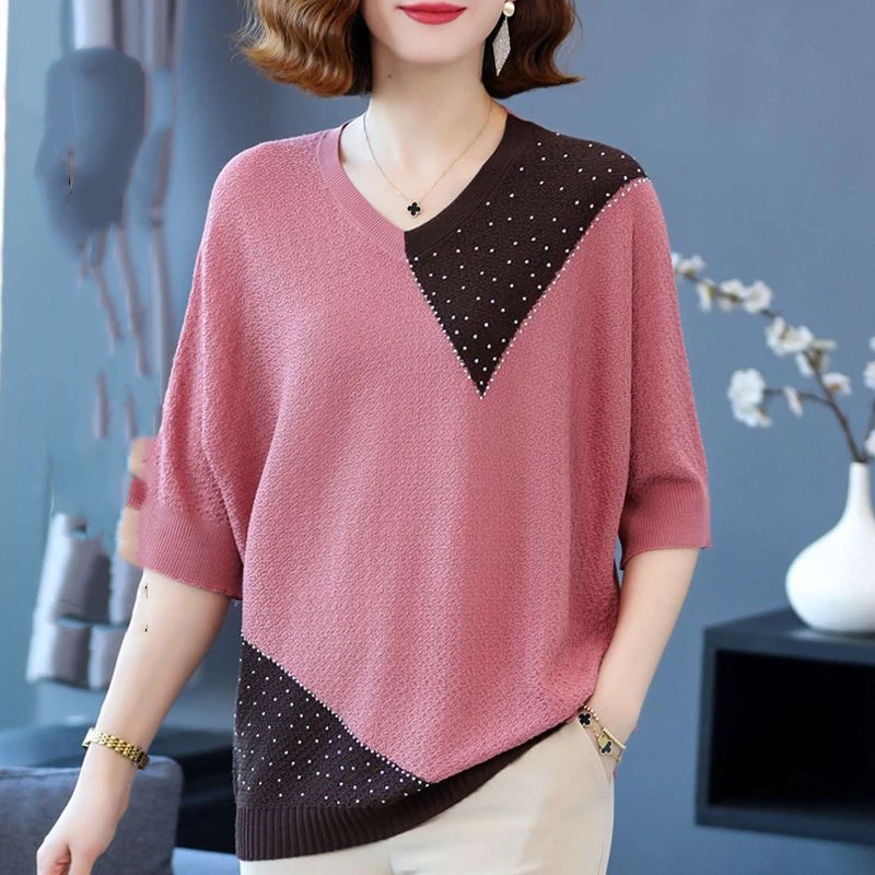 Simplicity Office Lady Summer Women\'s O-Neck Tie Dye Contrast Color Decoration Fashion Casual Loose Half Sleeve T-Shirts Tops