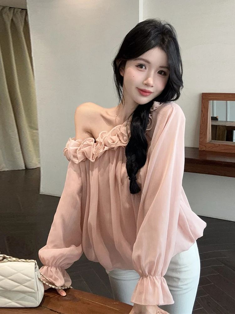 Sweet Gentle Off-Shoulder Flounce Hem Chiffon Shirt Loose Slimming Design Versatile Long Sleeve Lace Top for Young Women
