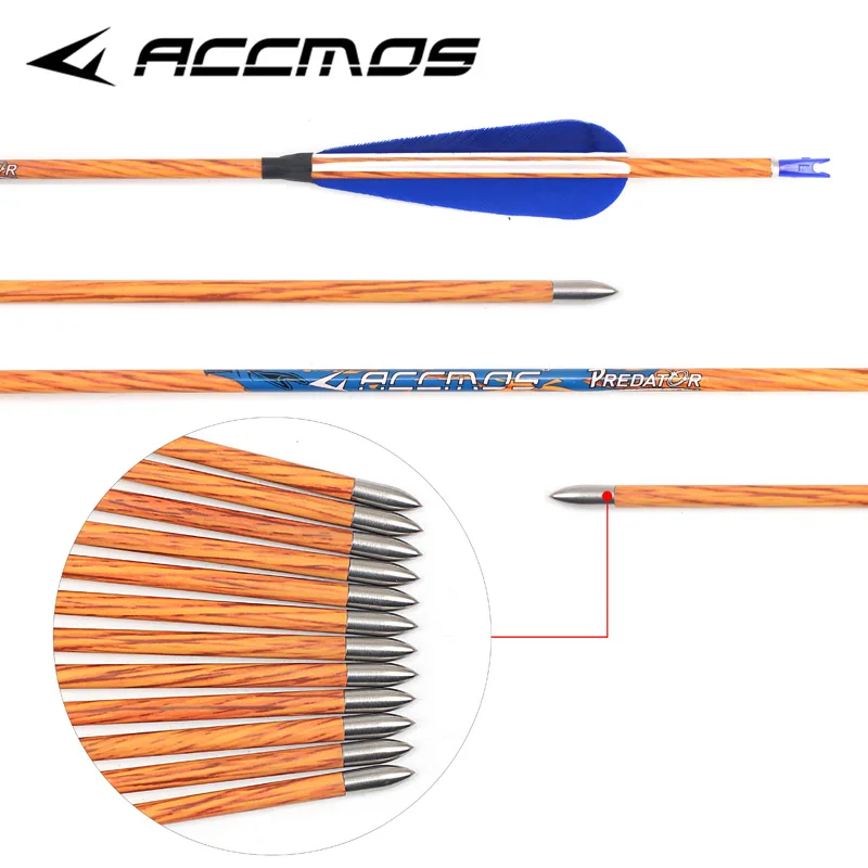 6/12pc Carbon Arrow ID4.2mm Spine 600 700 800 Real Feather Arrow Wood Skin Shaft 31inch for Archery Shooting Hunting