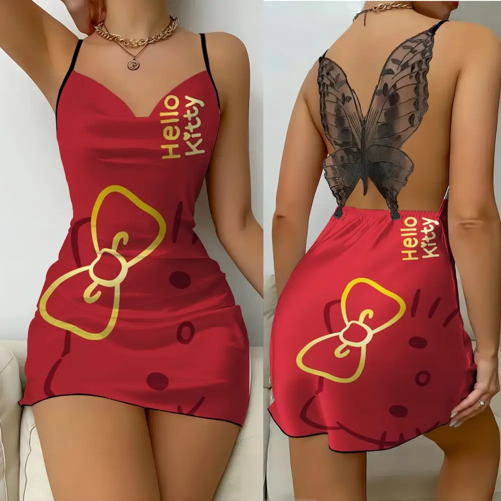 

Mickey and Hello Kitty 3D backless sleeping dress, 2024 summer women's elegant satin Disney dress