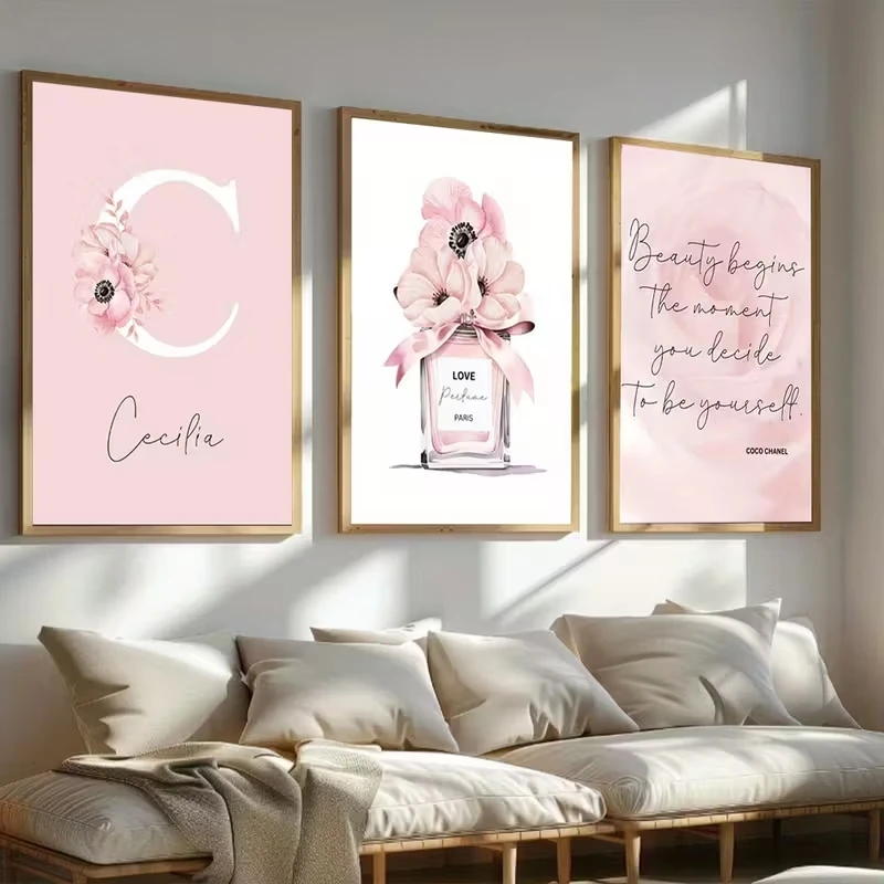 

3pcs Bohemian-style Girl's Room Pink Perfume Bottle Printed Canvas Poster Wall Decoration Quotes Bedroom Living Room Home Decor