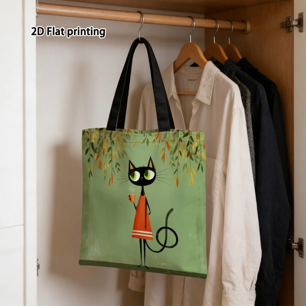 Autumn Cat with Coffee Print Tote Bag, Large Capacity Durable Polyester Reusable, 2D Printed Design Lightweight Foldable