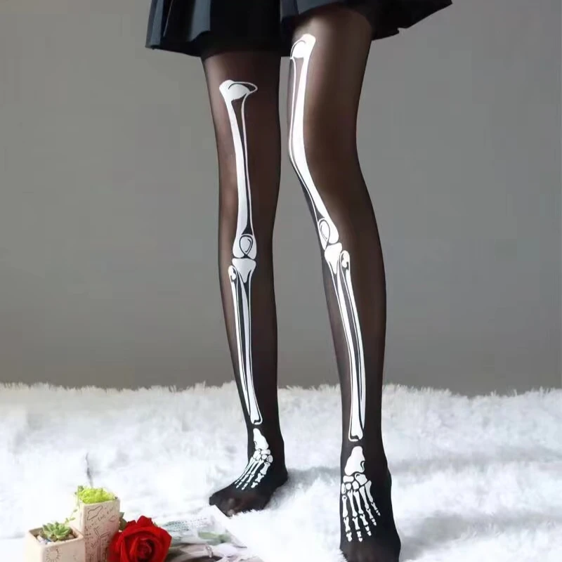 Collants de mode Sexy squelette Legging discothèque Bar bas Halloween crâne os collants noirs pour femmes jeunes filles