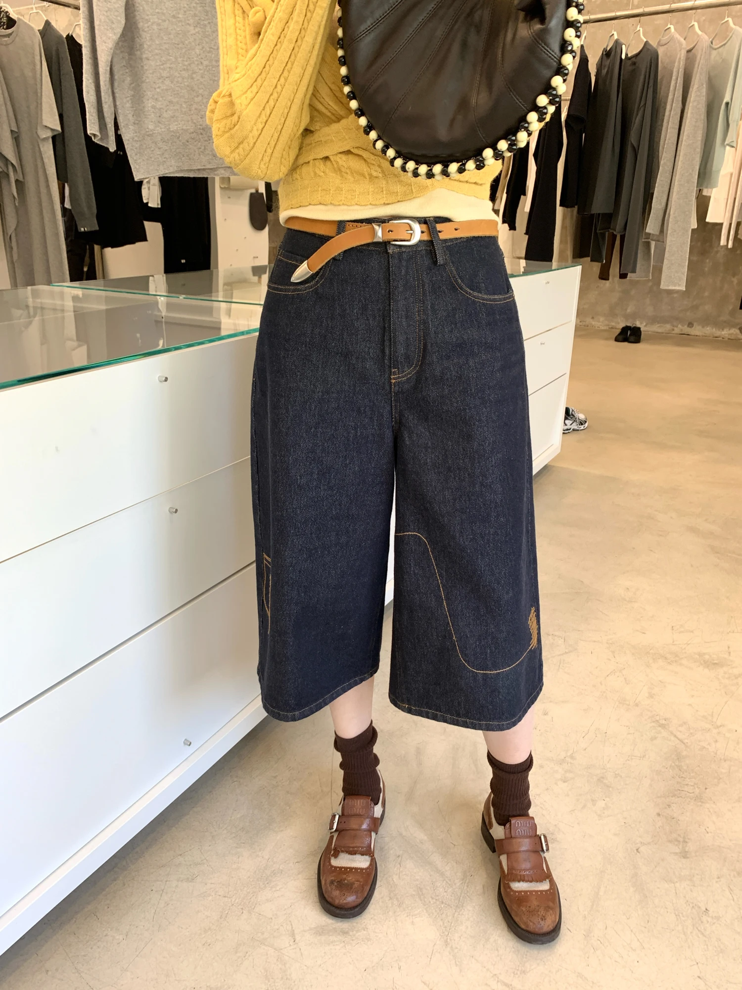 

Realzz Official l Waist Embroidered Loose Seven-Foot Jeans Original Cow Color Commute Sle Women's Denim Pants