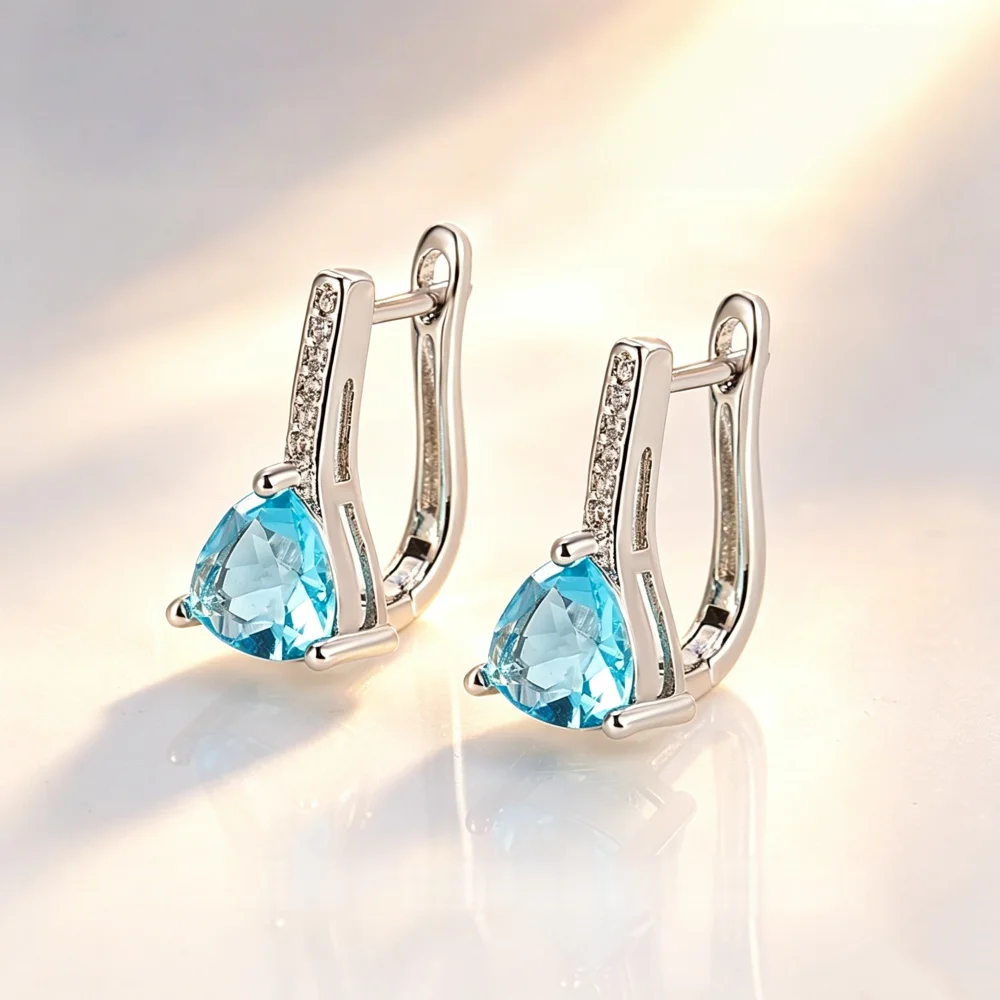925 Sterling Silver Fashion Temperament Inlaid Light Blue Zircon Triangular Ear Buckle Birthday Party Anniversary Gift