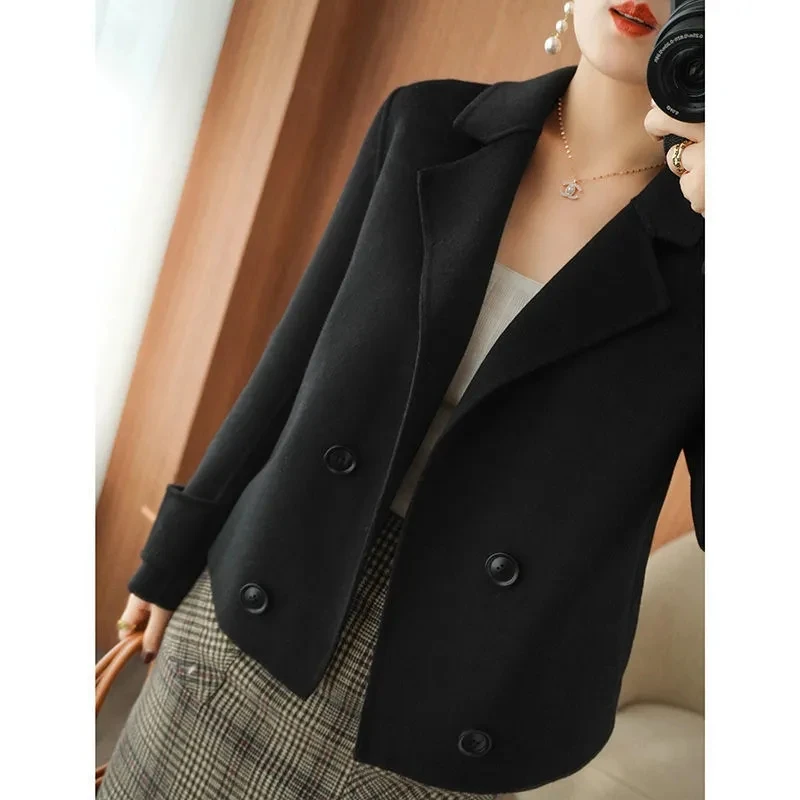 New Double-Sided Wool Coat Women\'s Short High-End Casual Tweed Suit Jacket Blend Wool Coat Black Double Breasted Blazer Female