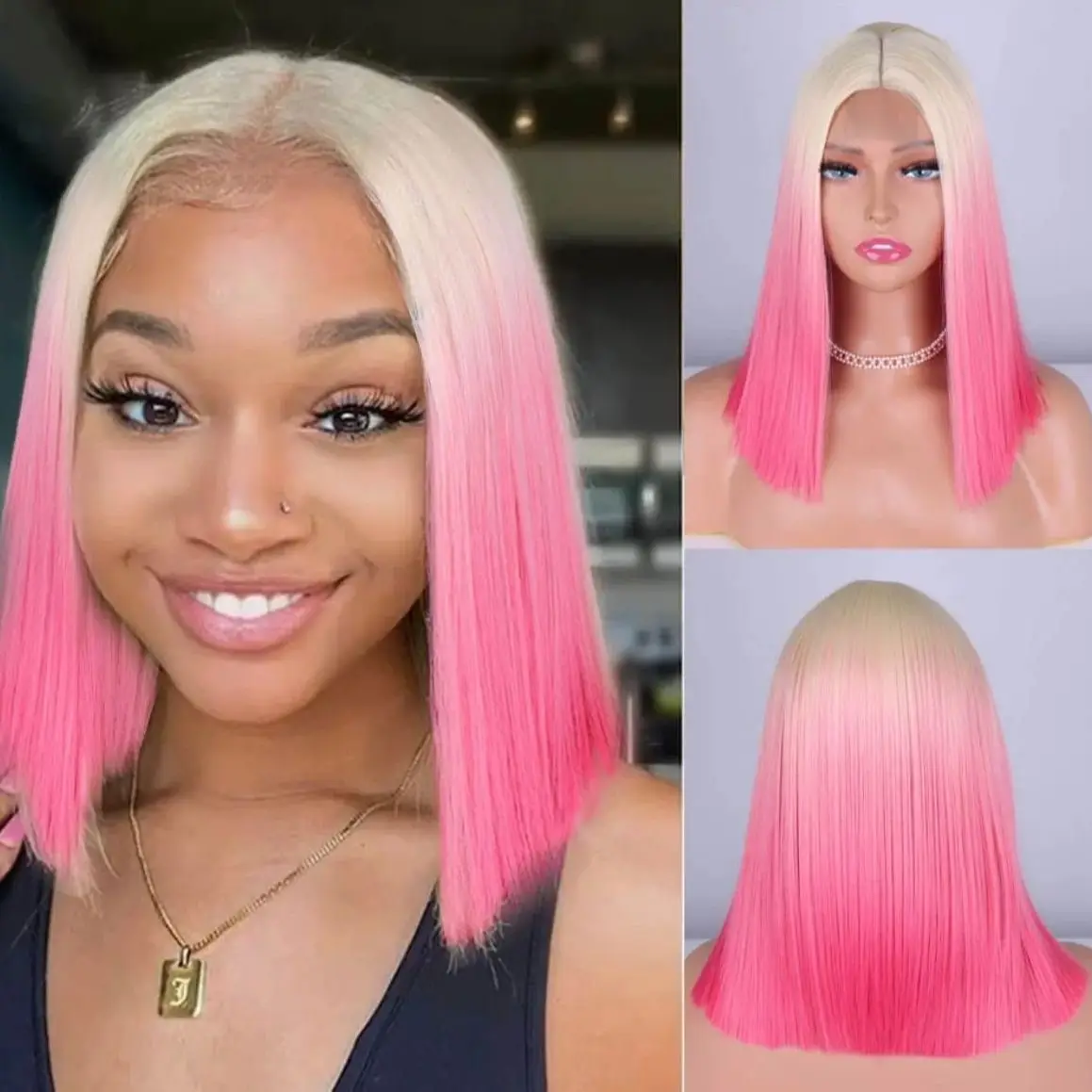 

14 Inch Ombre Pink Short Straight Part Lace Wig Heat Resistant Natural Short Straight Bob Wig Lace Front Wigs For Women