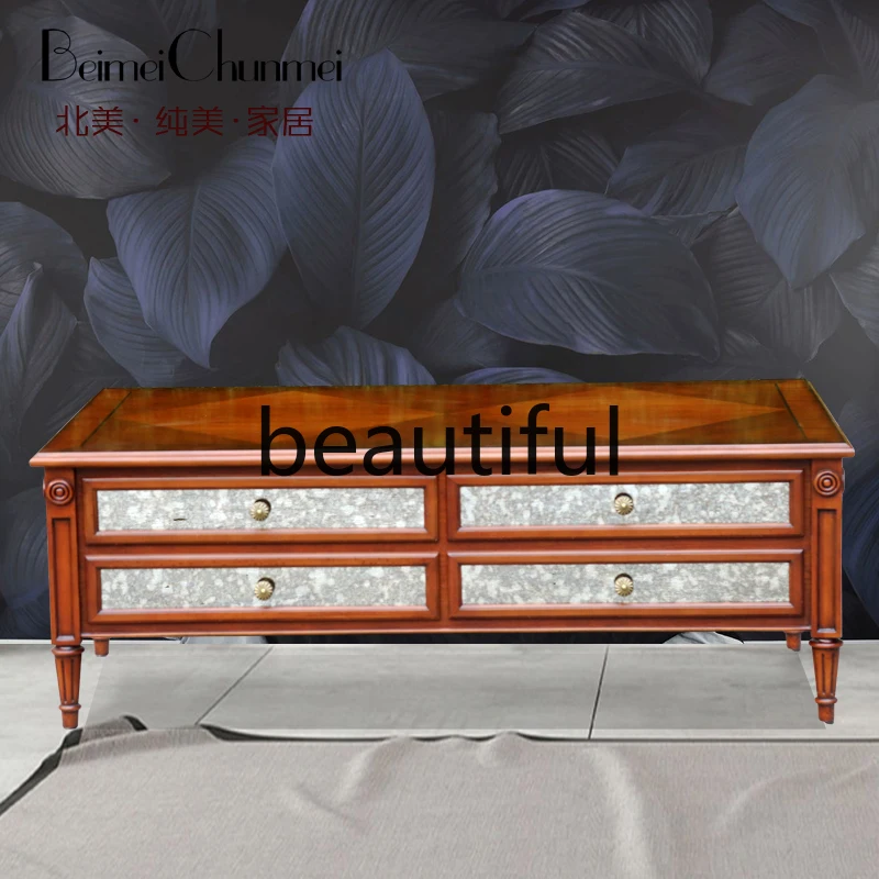 

American rural leisure pure solid wood carving living room rectangular coffee table private house villa high-end coffee table