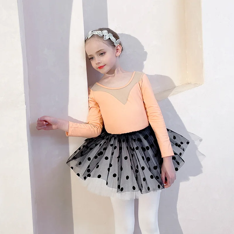 Ballet Dress Kids Gymnastics Dance Leotard Dot Tutu Skirts Mesh Black Pink Leotard Dancewear Professional Ballerina Show Costume