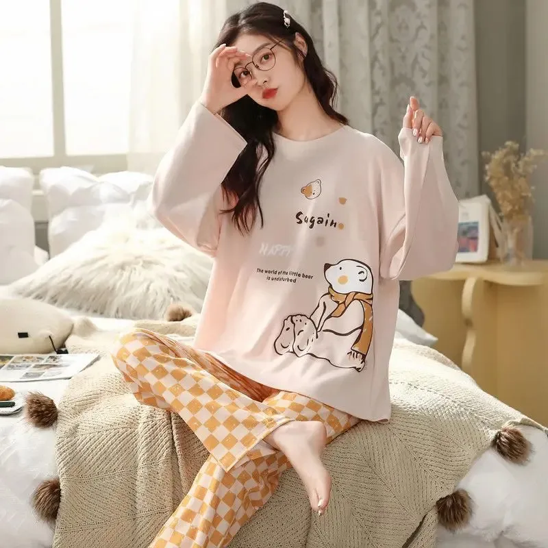 2Pcs/set women's pajamas spring and autumn long-sleeved trousers cartoon cute can be worn outside leisure and comfortable studen