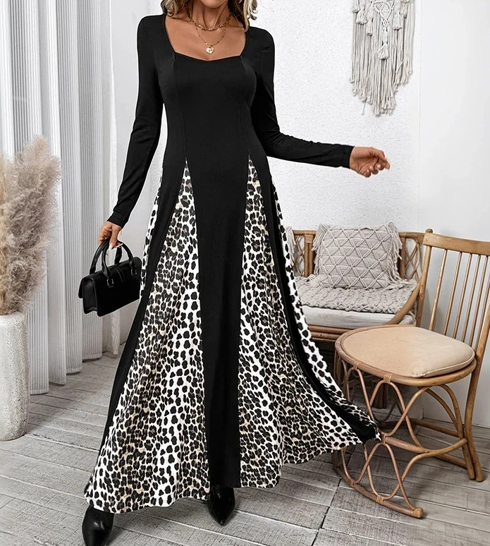 Slim fitwomen preto quadrado pescoço manga longa leopardo impressão cor bloco maxi vestido outono inverno festa casual moda