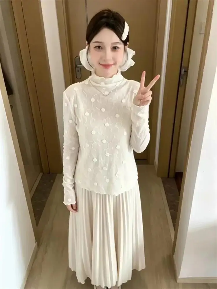 Pure Desire Large Size Lace Base Shirt Early Autumn New Unique Beautiful Top Korean Style Slim Fit Long Sleeve Printed T-shirt
