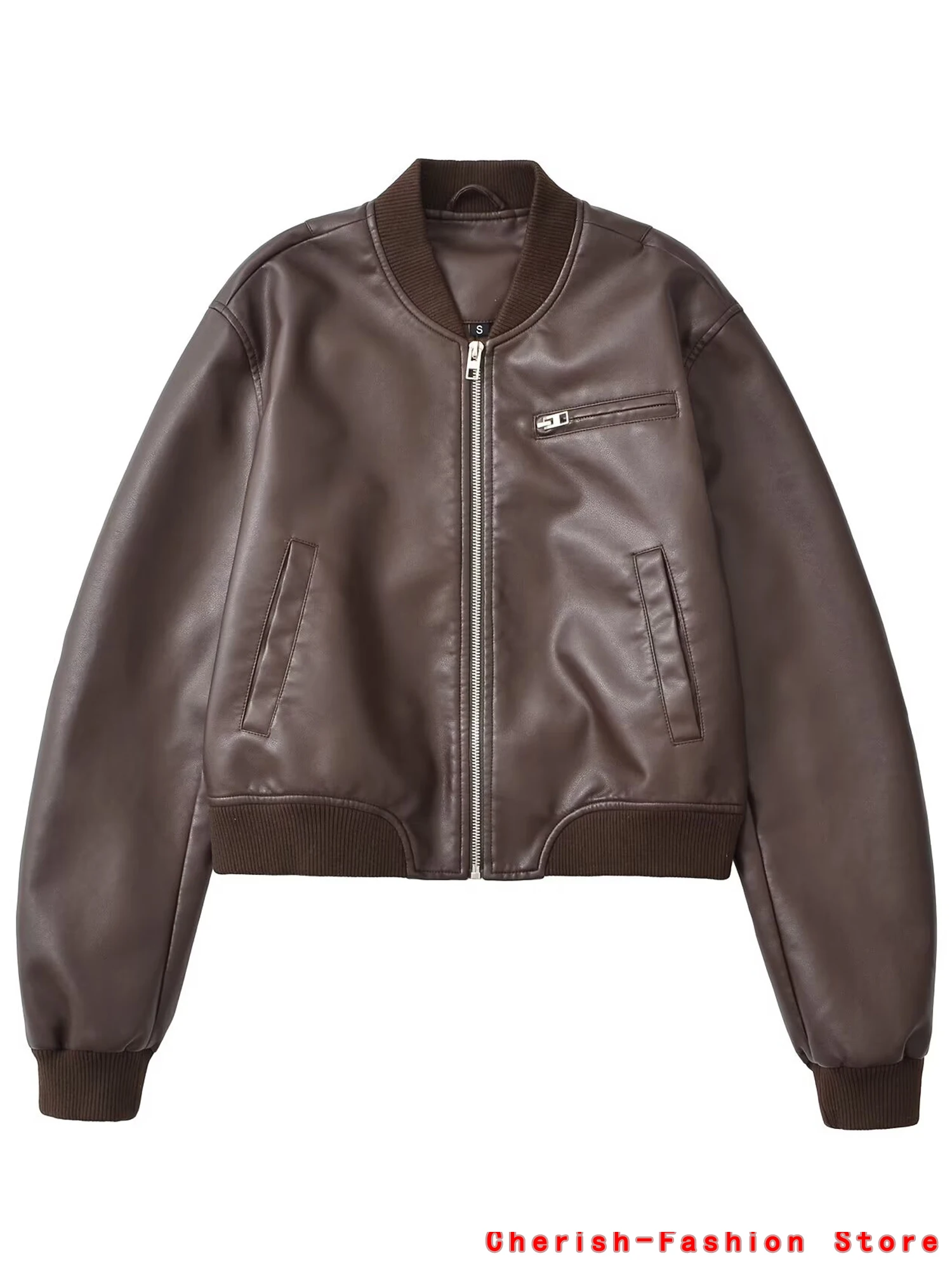 Women's new vintage imitation leather bomber jacket coat top women's style Leather Long Sleeves Jacket Zipper Short Coat