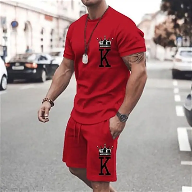 2024 men\'s casual fashion printed T-shirt+beach shorts set men\'s O-neck T-shirt 2-piece set