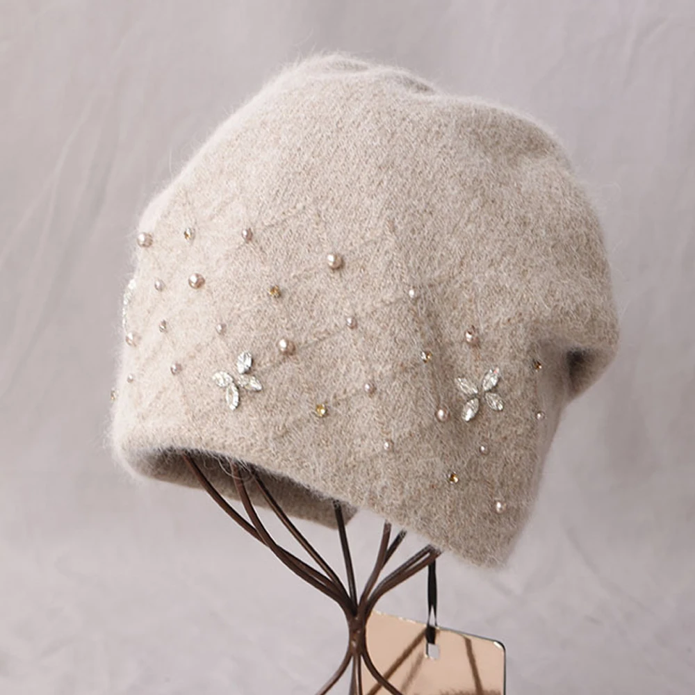 

Hat Winter Women Beanie Angora Knit Rhinestone Double Layers Warm Accessory For Autumn Cold Weather Ski Sports Outdoor Holiday