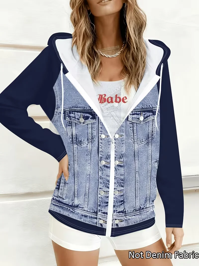 Plus Size Women's Color Block Hooded Denim Jacket