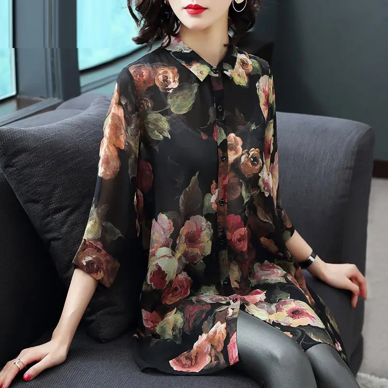 Thin Printing Elegant Korean Floral Three Quarter Sleeve Button Blouses Fashion Casual Turn-down Collar Women's Clothing 2023