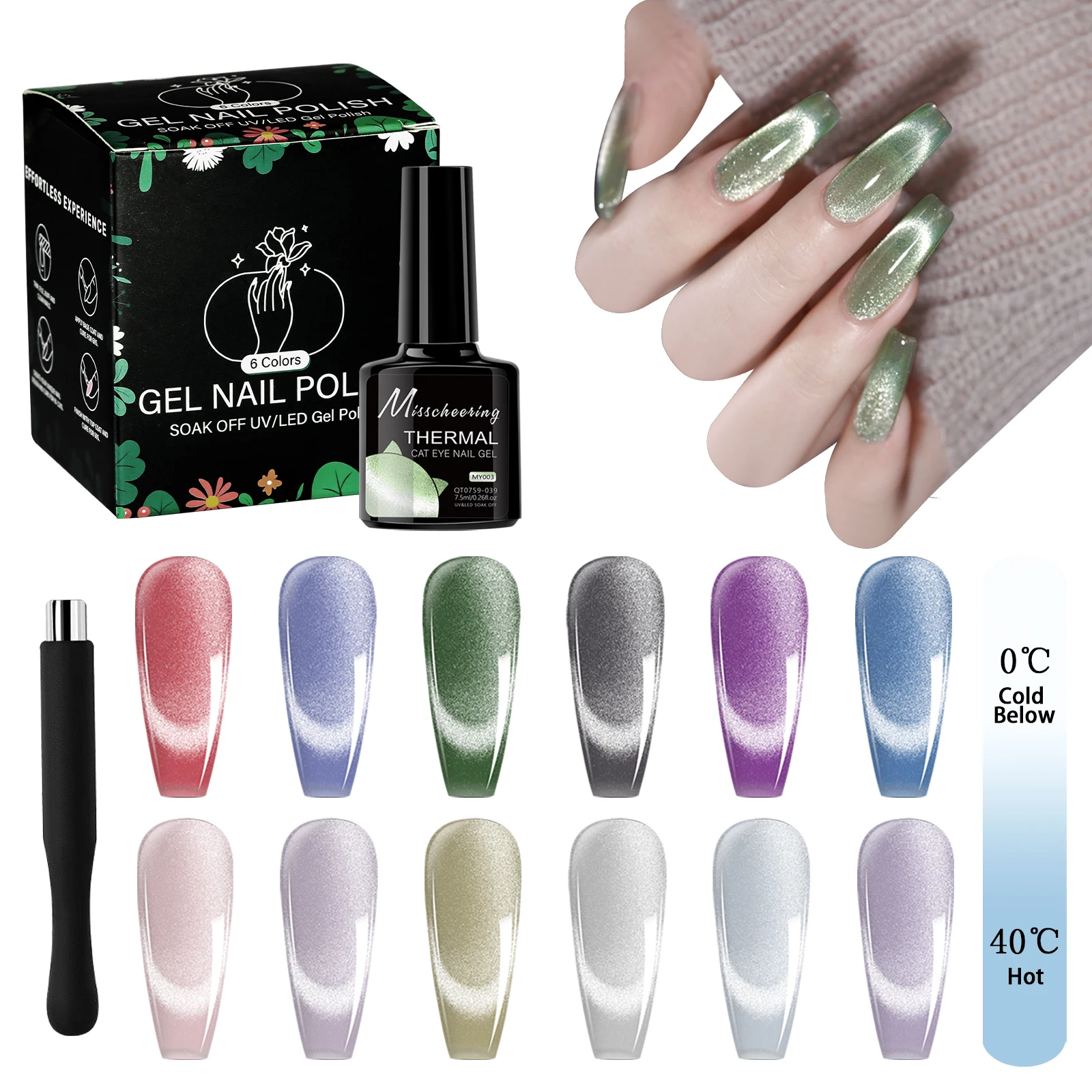 

6pcs Thermal Glitter Cat eye Magnetic Gel Nail Polish Winter Temperature 2 Colors Changing Soak Off UV LED Manicure Nails Gel
