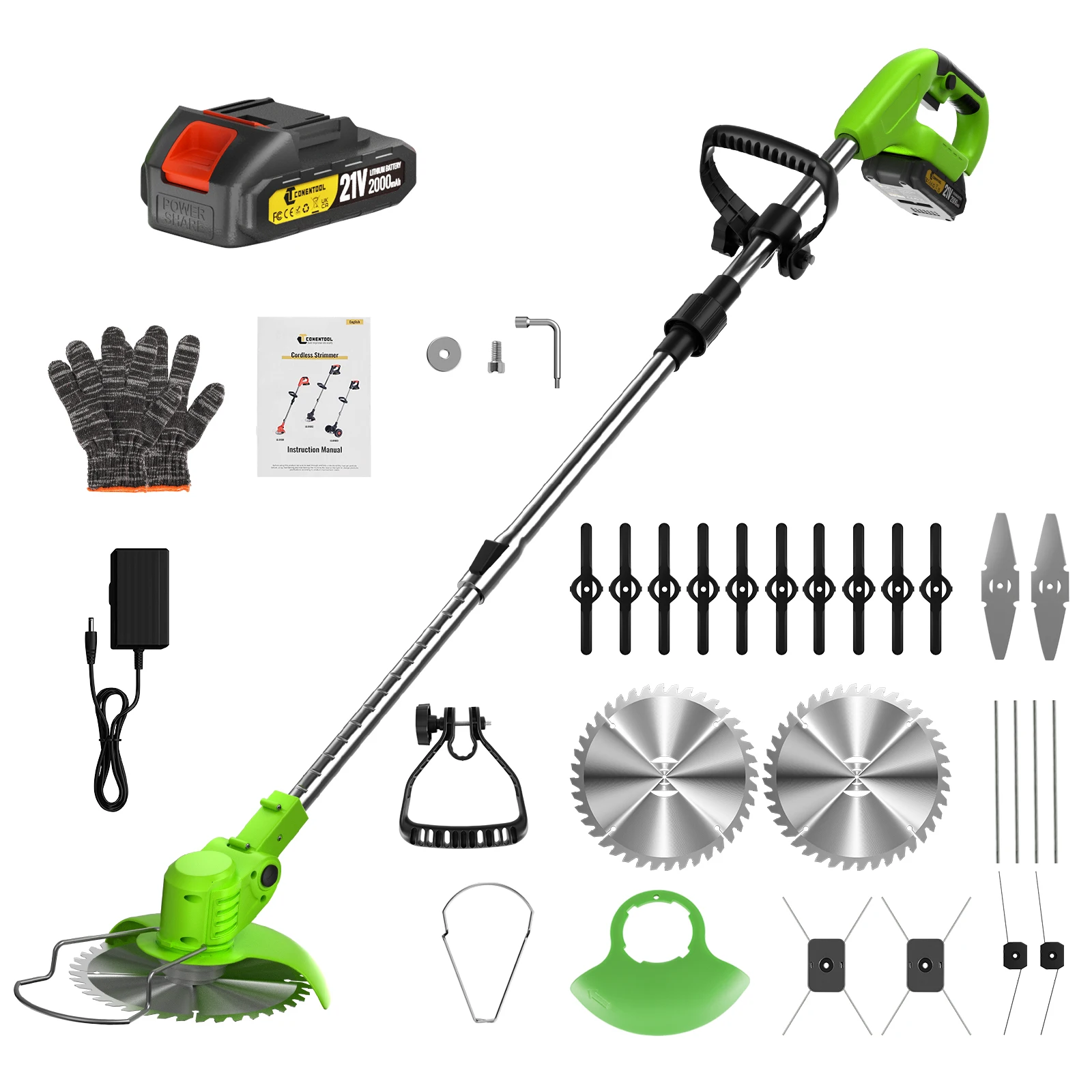 CONENTOOL 6 Zoll Kabelloser Rasentrimmer 15000RPM Rasenmäher Faltbarer Verstellbarer Unkrautentferner 2x2000mAh für Makita 18V Akku