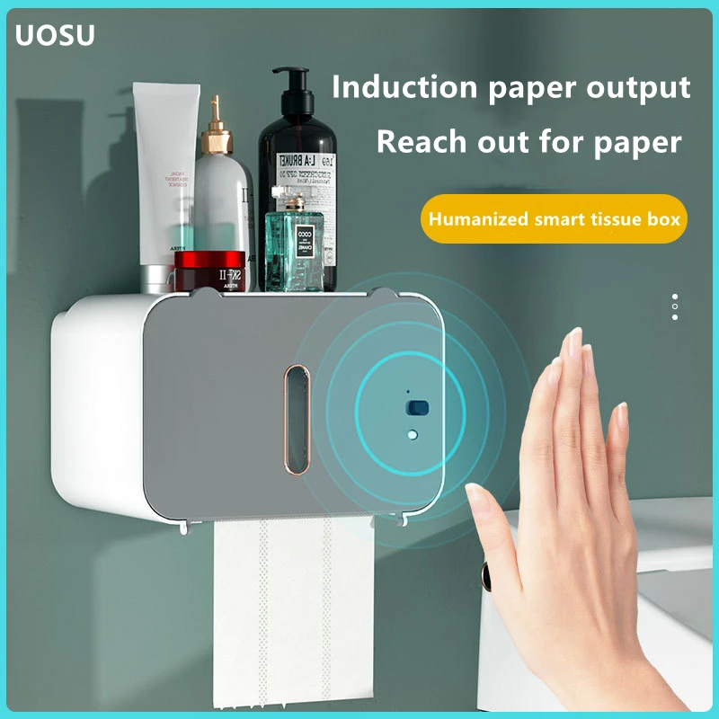 

UOSU Waterproof Toilet Paper Holder Induction Automatic Tissue Box Wall Mounted Bathroom Rack Storage Box Portable Tissue Box