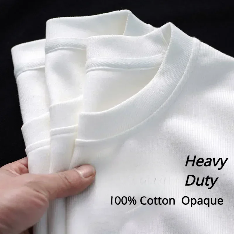 400G Heavy Duty Short Sleeve T-shirt Men Summer Cotton Thick Small Neckline Pure White American Half Sleeve Tees