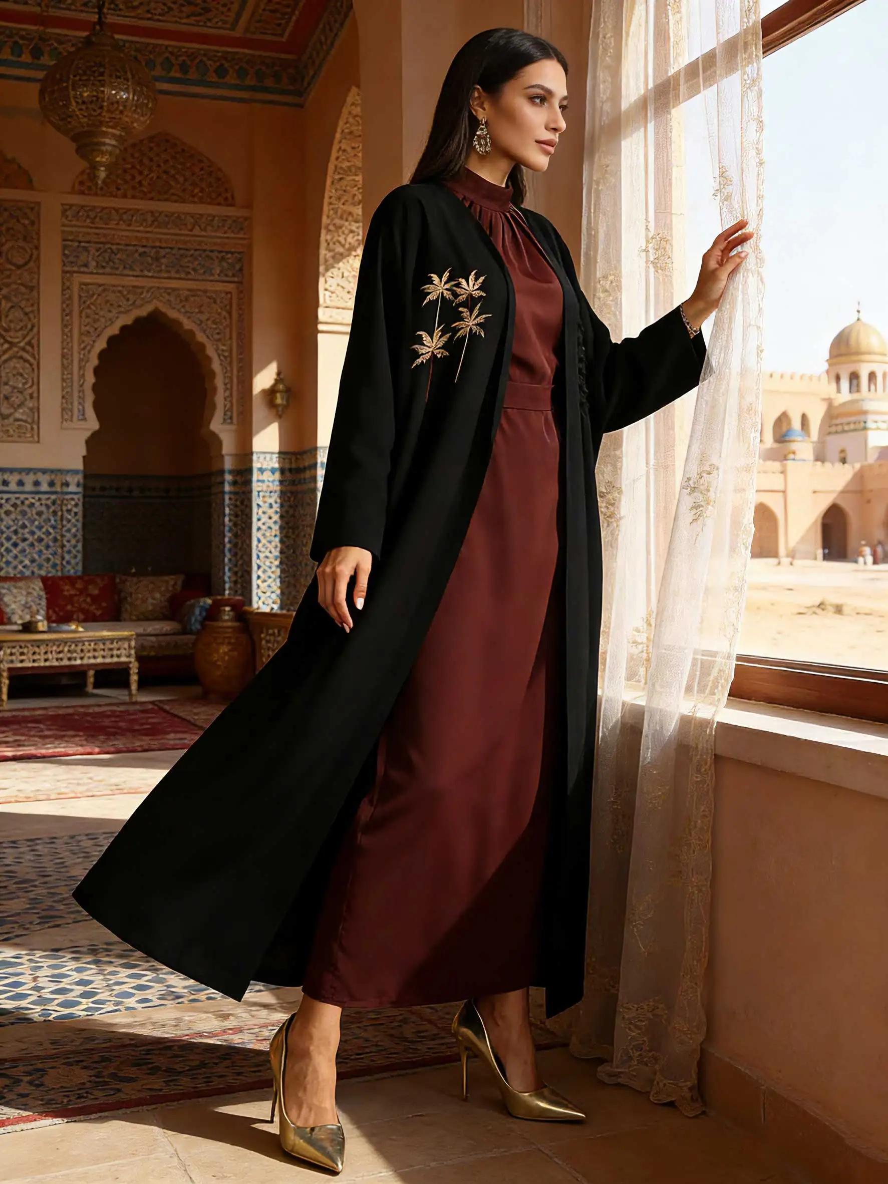 

Черная Абая с открытой передней частью и вышивкой золотого пальмового дерева и бордовый внутренний комплект, женский мусульманский марокканский кафтан, Рамадан, ислам, Дубай, халат