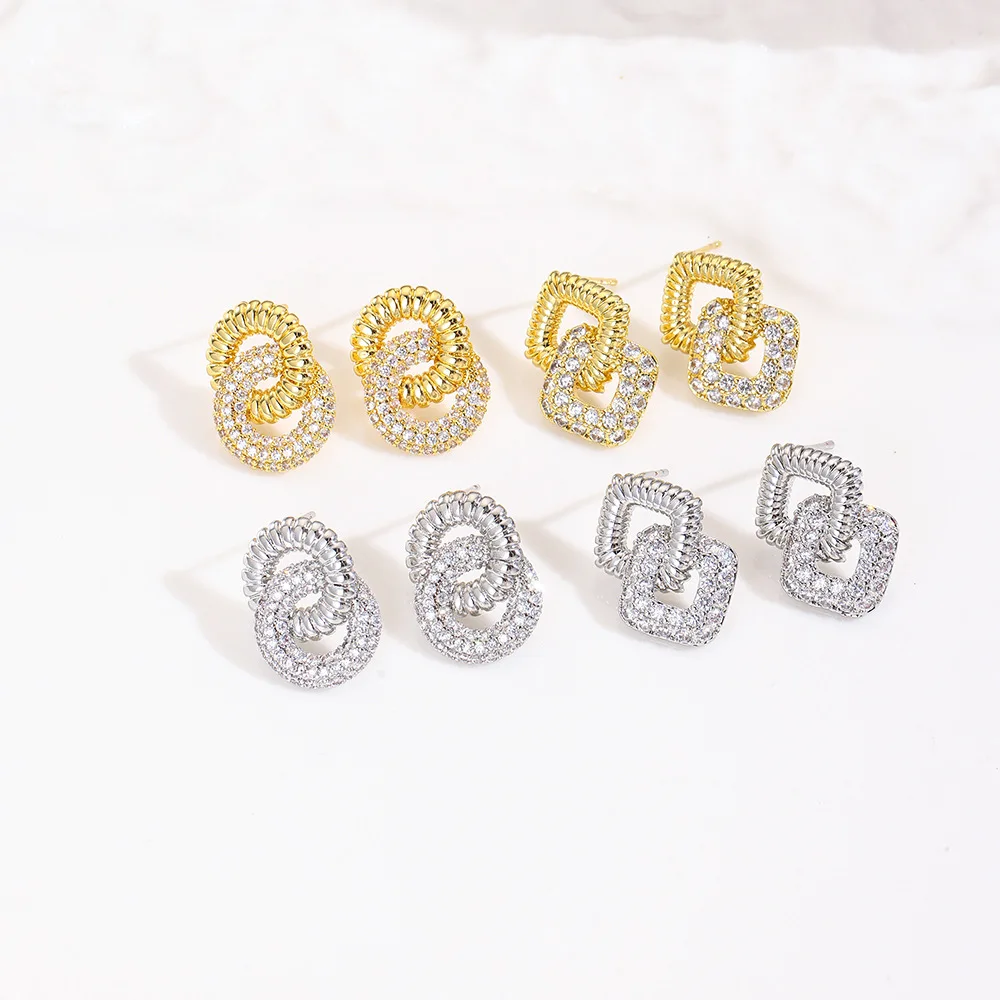 

2Pair copper fashion simple double-layer square stripe micro-inlaid zircon stud earrings jewelry women's daily wear