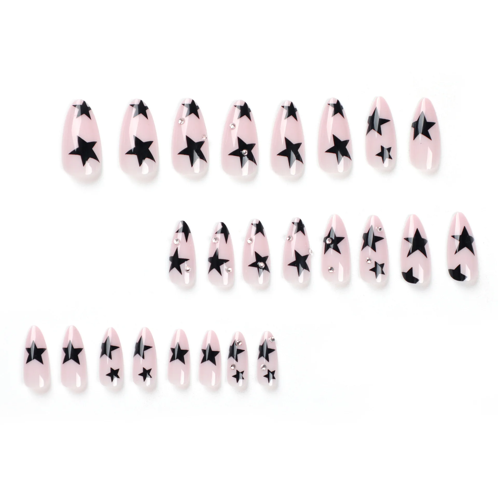 24 stücke mandel förmige nackte Farb basis mit schwarzem Stern Muster & Strass Dekor Nagel Wraps, wieder verwendbare Nail Art Set geeignet für da