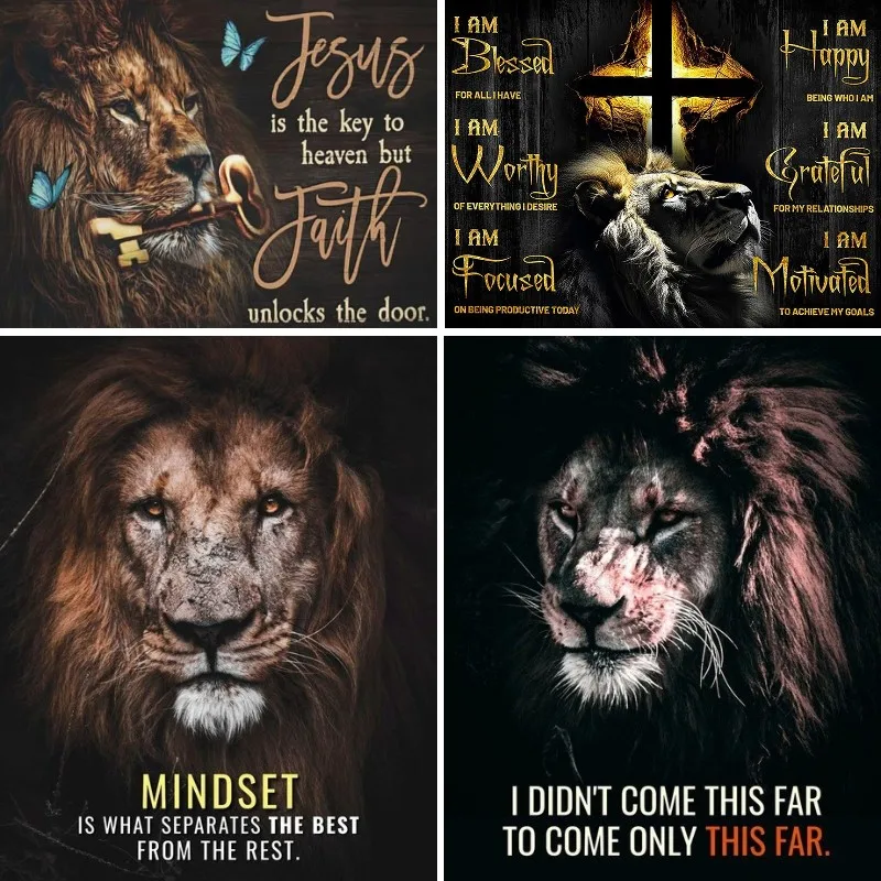 Art mural motivationnel Lion, peinture diamant, décor de croix chrétienne, images de strass, images de Jésus Lion de Juda, cadeaux