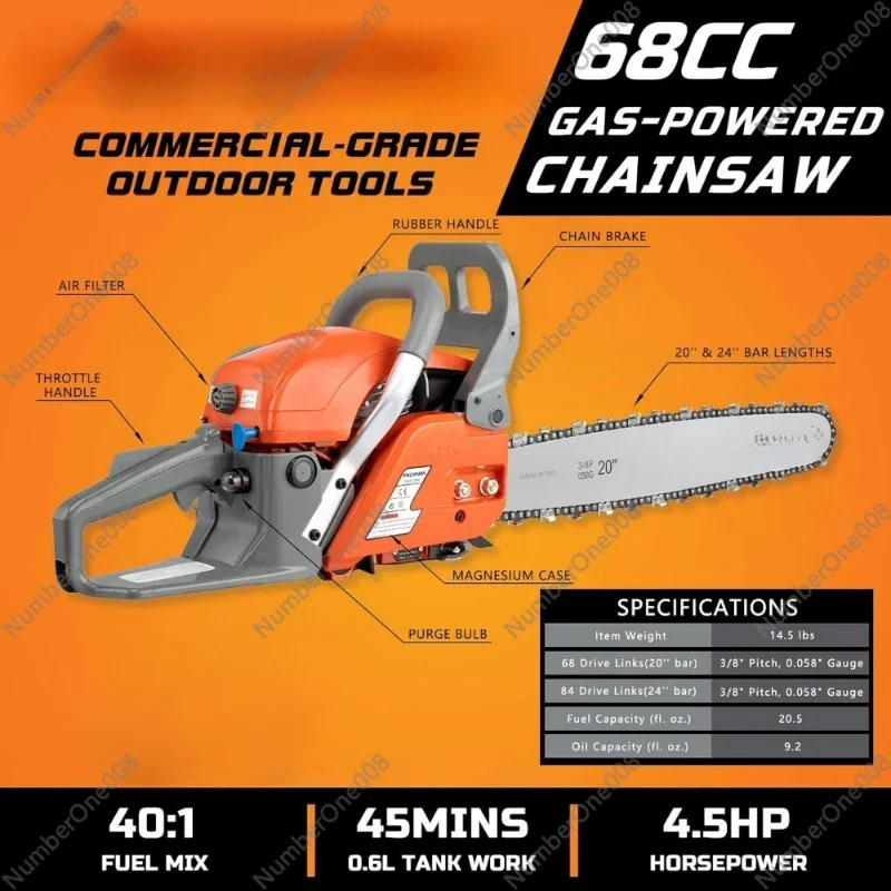 68CC 2-Cycle Top Handle Gas Powered Chainsaw 24 Inch 20 Inch Petrol Handheld Cordless Chain Saw for Tree Wood Cutting