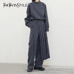 TWOTWINSTYLE 여성용 우아한 투피스 세트, O넥 긴팔 탑, 하이웨이스트 와이드 레그 팬츠, 시크한 세트, 여성 패션 패션