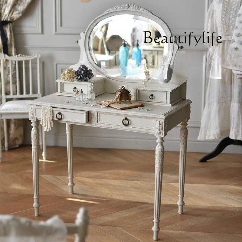 

American country solid wood small apartment bedroom dresser, French simple engraving can store retro makeup table