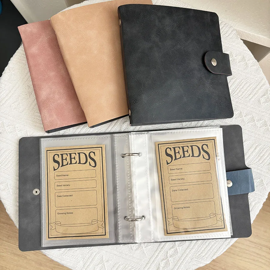 1 Set Loseblatt-Sammelbuch, PU-Samenbeutel mit 50 Taschen, quadratisch, 2 Löcher, Binder, Pflanzensamen, Aufbewahrung, Umschläge, Organizer, Halter – Detail 3