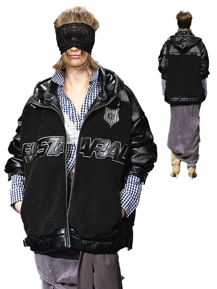 

Guliang American Retro Lamb Velvet Patchwork Leather ield Logo Hooded Cotton Winter Warmth Outerwear Trendy Youth Casual