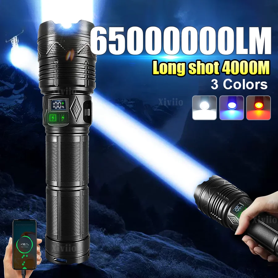 2025 1500W Super High Power Flashlight Strong Light Long Shot 4km Tactical Torch USB Rechargeable LED Flashlights Hunting Light