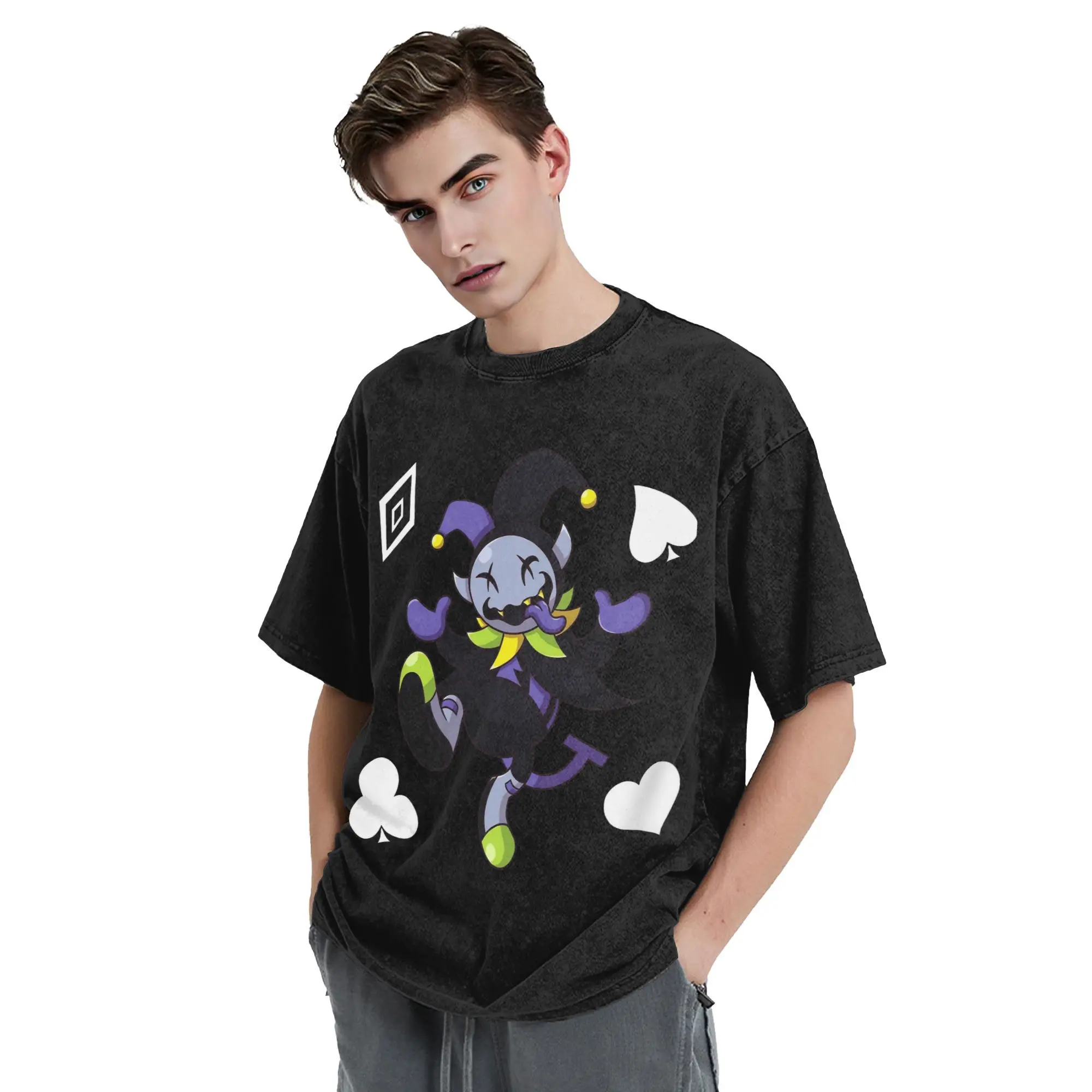 تي شيرت مغسول من Deltarune Jevil the Chaotic Jester تي شيرت هاي ستريت ملابس الشارع الشهير بأكمام قصيرة تي شيرت صيفي للرجال والنساء