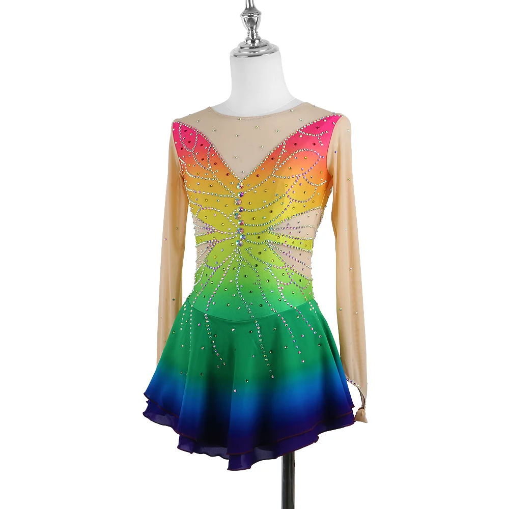 Zagitova Figure Skating Dress For Women Girls Ice Skating Skirt Long Sleeve Princess Gradient Rainbow Color Butterfly Diamonds