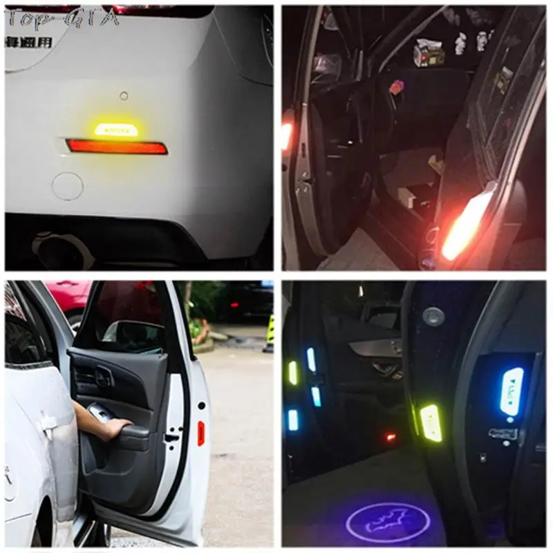 4PCS Safety Stickers Warning Signs Car Door Handle Warning Mark Tape Reflective Light Reflector Strip Anti-collision Decals