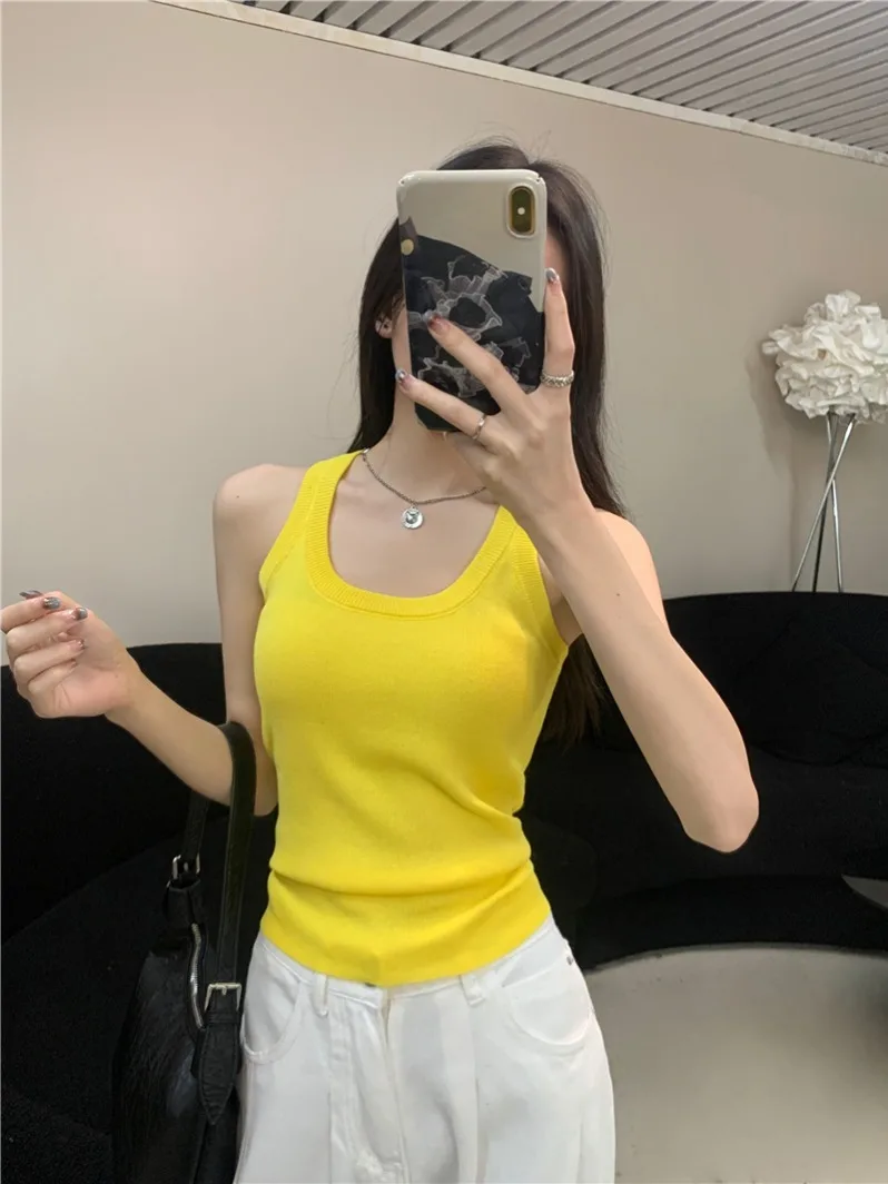 Débardeur rétro américain pour femme, vêtement intérieur amincissant d'été, haut jaune sexy sans manches, inscription 'No Sve Work'