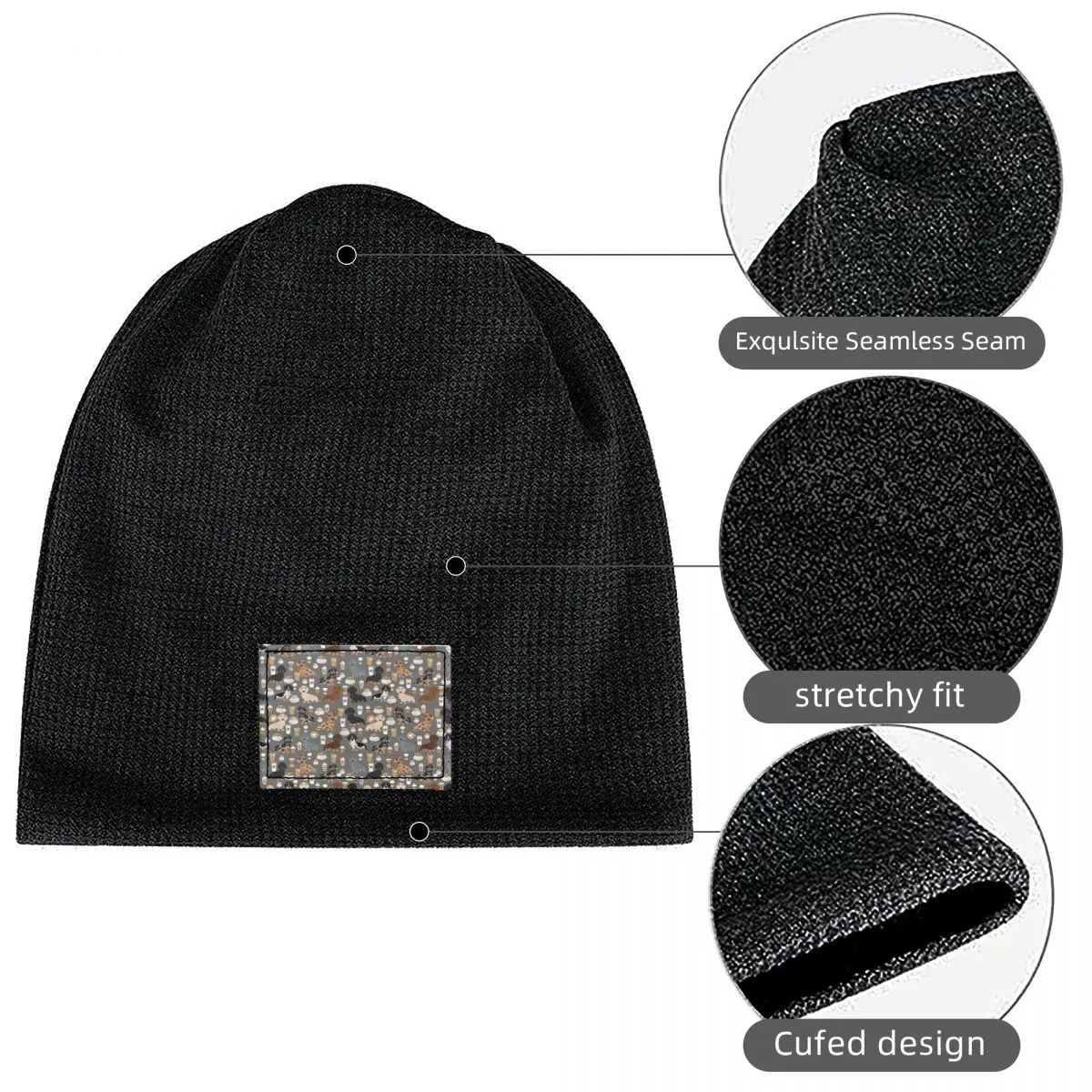 Dachshund Dogs Coffee Waffle Knit Fleece Lined Beanie with PU Leather Patch Unisex Warm Winter Soft Cap