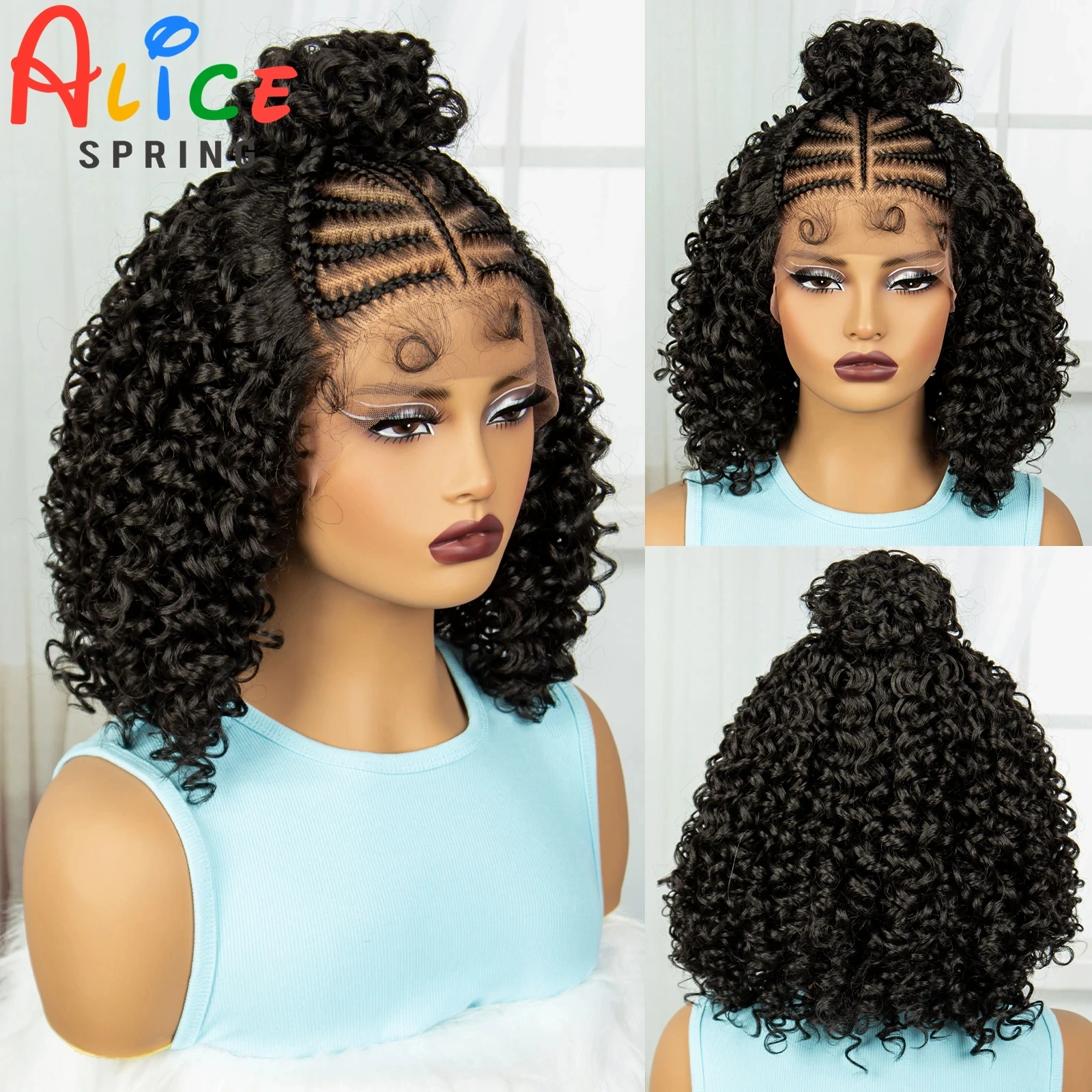 Sintéticas Afro Kinky Curly trançado perucas para mulheres negras, Lace Front, sem nós, tranças Cornrow, peruca com bebê Hai, 16"