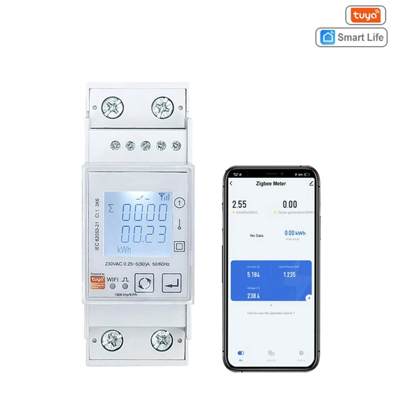 Tuya Inteligente Zigbee Medidor de Energia, Bidirecional Monofásico, 80A Din Rail, Monitor de Energia, Wattmeter, Voltímetro, Ampermetro